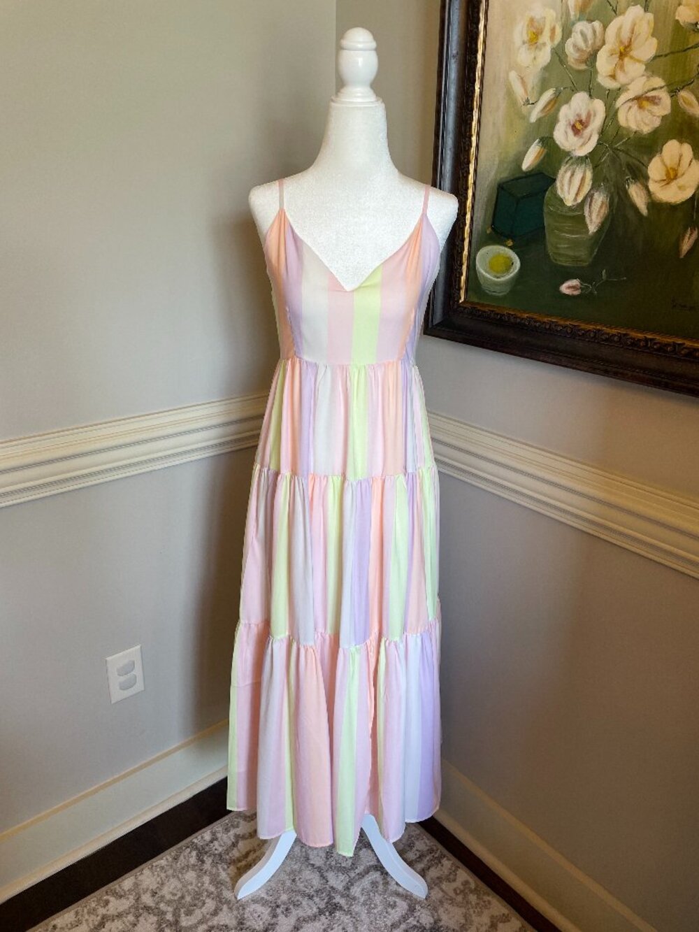 Karlie Pastel Striped and Tiered Maxi Dress Size S NWOT